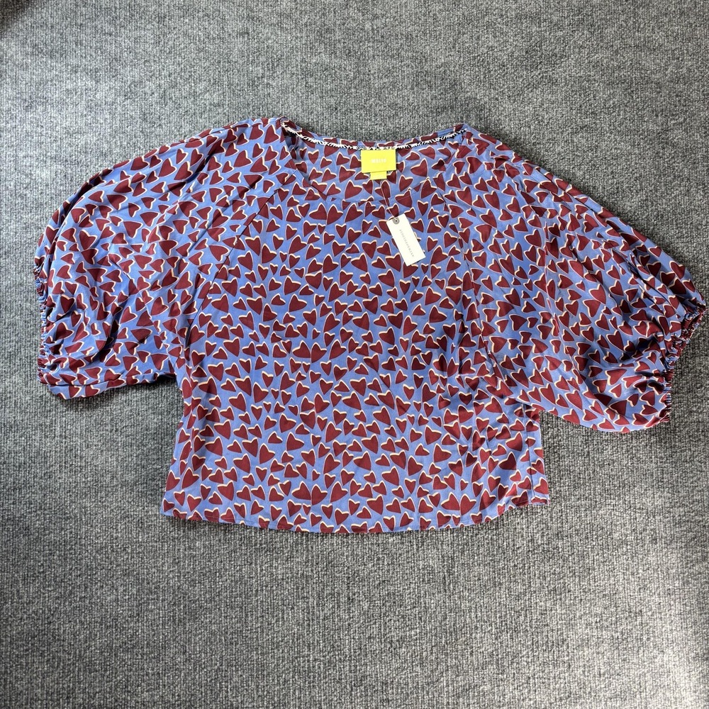 Maeve Blouse Womens Medium Blue Heart Print Cropped Balloon Sleeve Anthropologie
